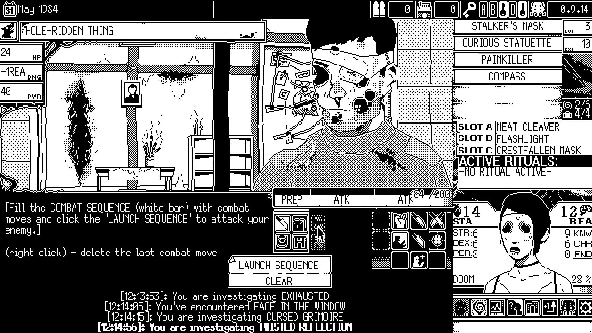 Một phân cảnh trong World of Horror với phong cách 1-bit đen trắng, thể hiện một sinh vật kinh dị kỳ quái lấy cảm hứng từ Junji Ito