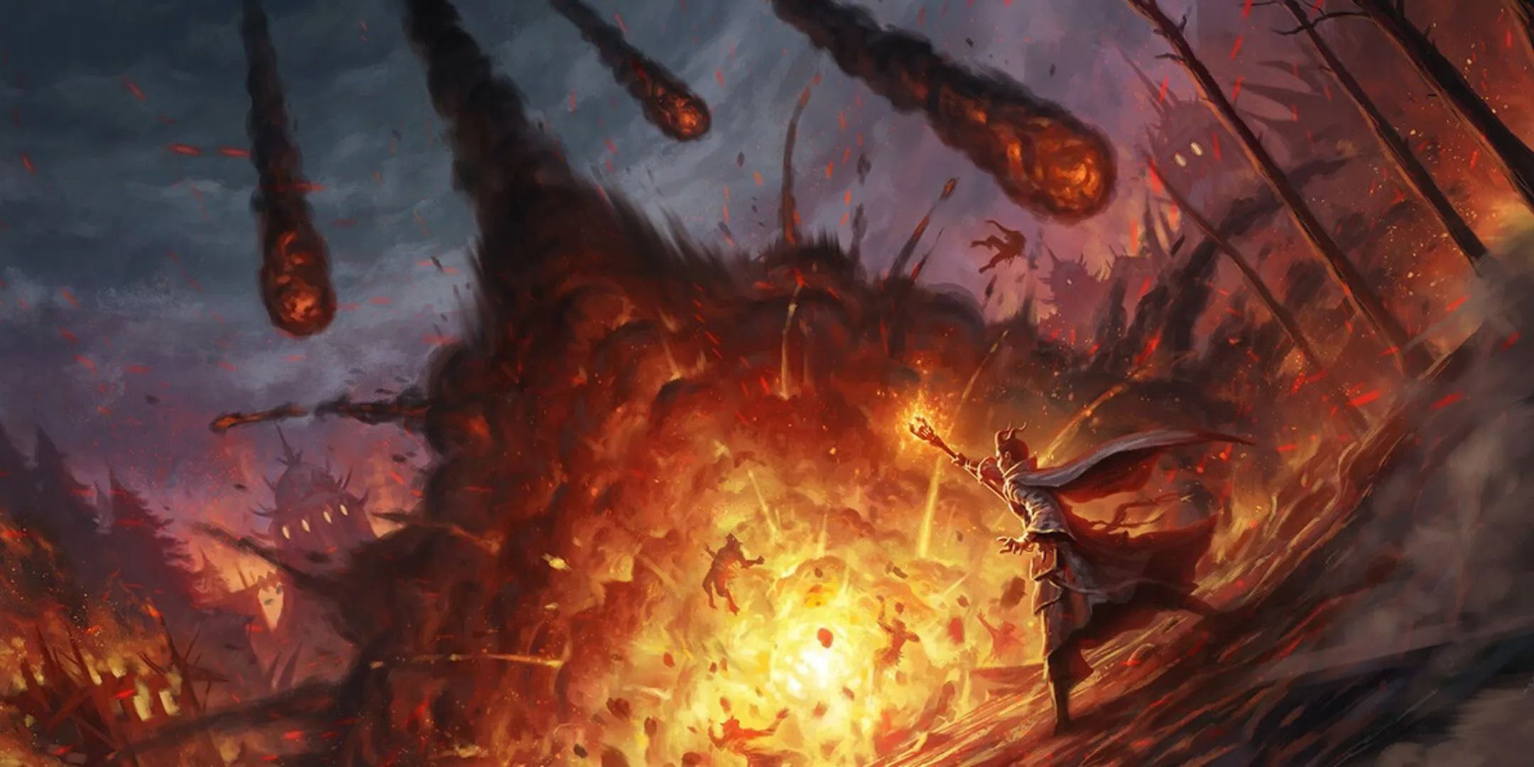 Một pháp sư Tiefling tung ra những quả cầu lửa từ trên trời xuống kẻ thù, thể hiện sức mạnh hủy diệt của phép thuật D&amp;D.