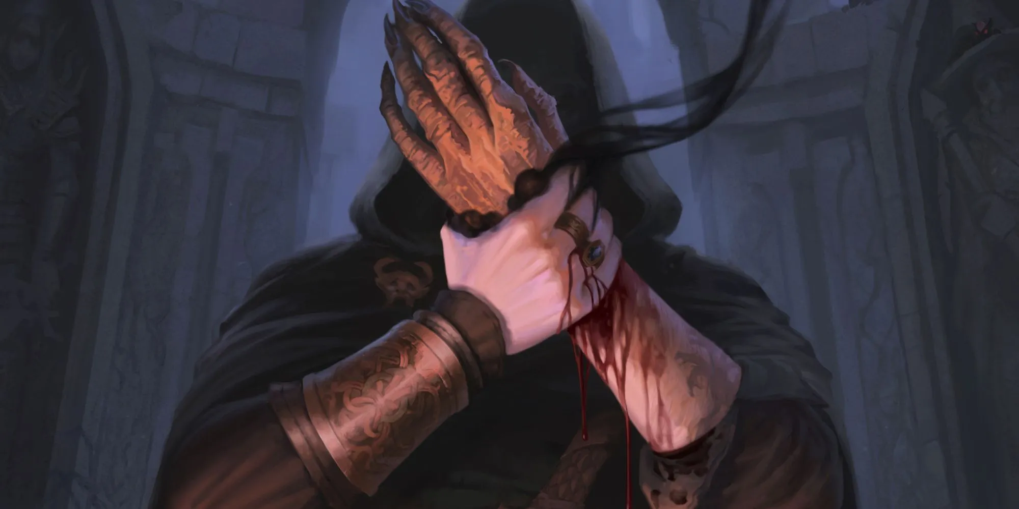 Một tín đồ đang kết hợp với Hand of Vecna (Bàn Tay Vecna), vật phẩm ma thuật huyền thoại bị nguyền rủa trong Dungeons &amp; Dragons.