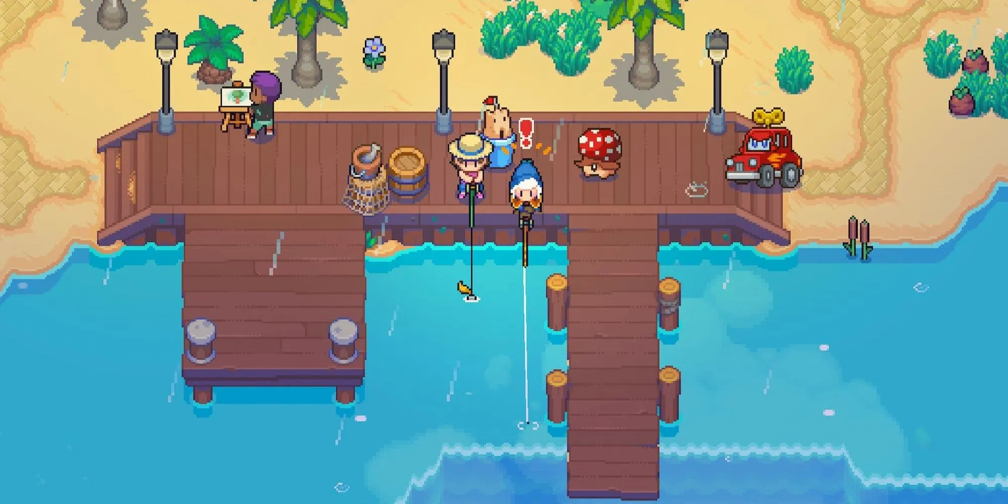Nhân vật câu cá trên hòn đảo trong game mô phỏng Moonstone Island