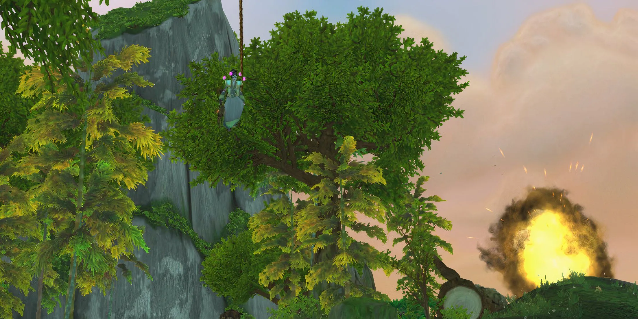 Nhân vật Horde tiếp đất an toàn tại Rừng Ngọc Bích (Jade Forest) ở Pandaria trong World of Warcraft