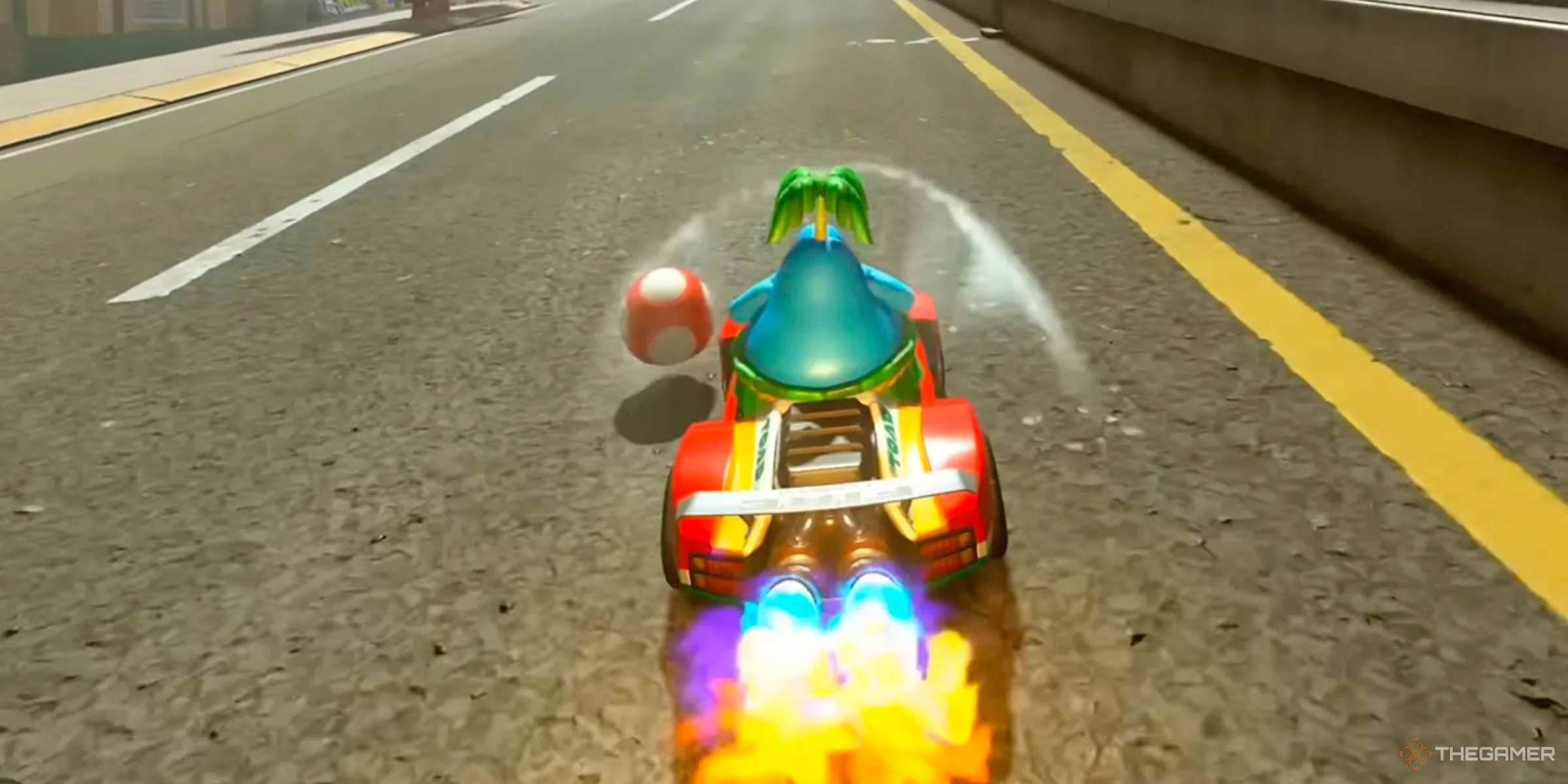 Nhân vật Pianta nhận được Luồng Gió (Slipstream) từ đối thủ trong Mario Kart World.