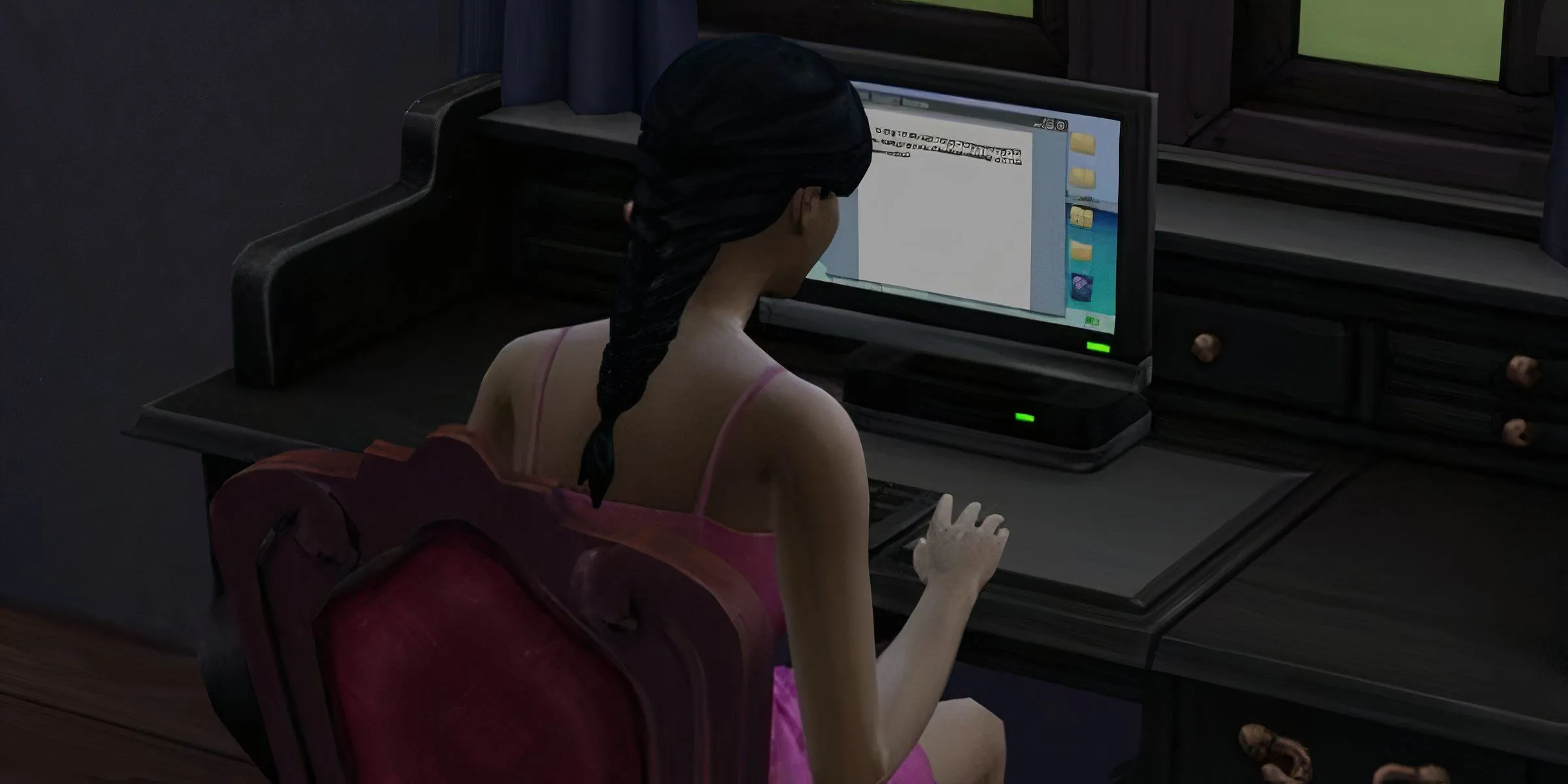 Nhân vật Sim đang sử dụng máy tính trong The Sims 4, tượng trưng cho việc người chơi PC thường xuyên đối mặt với những vấn đề không rõ nguyên nhân.