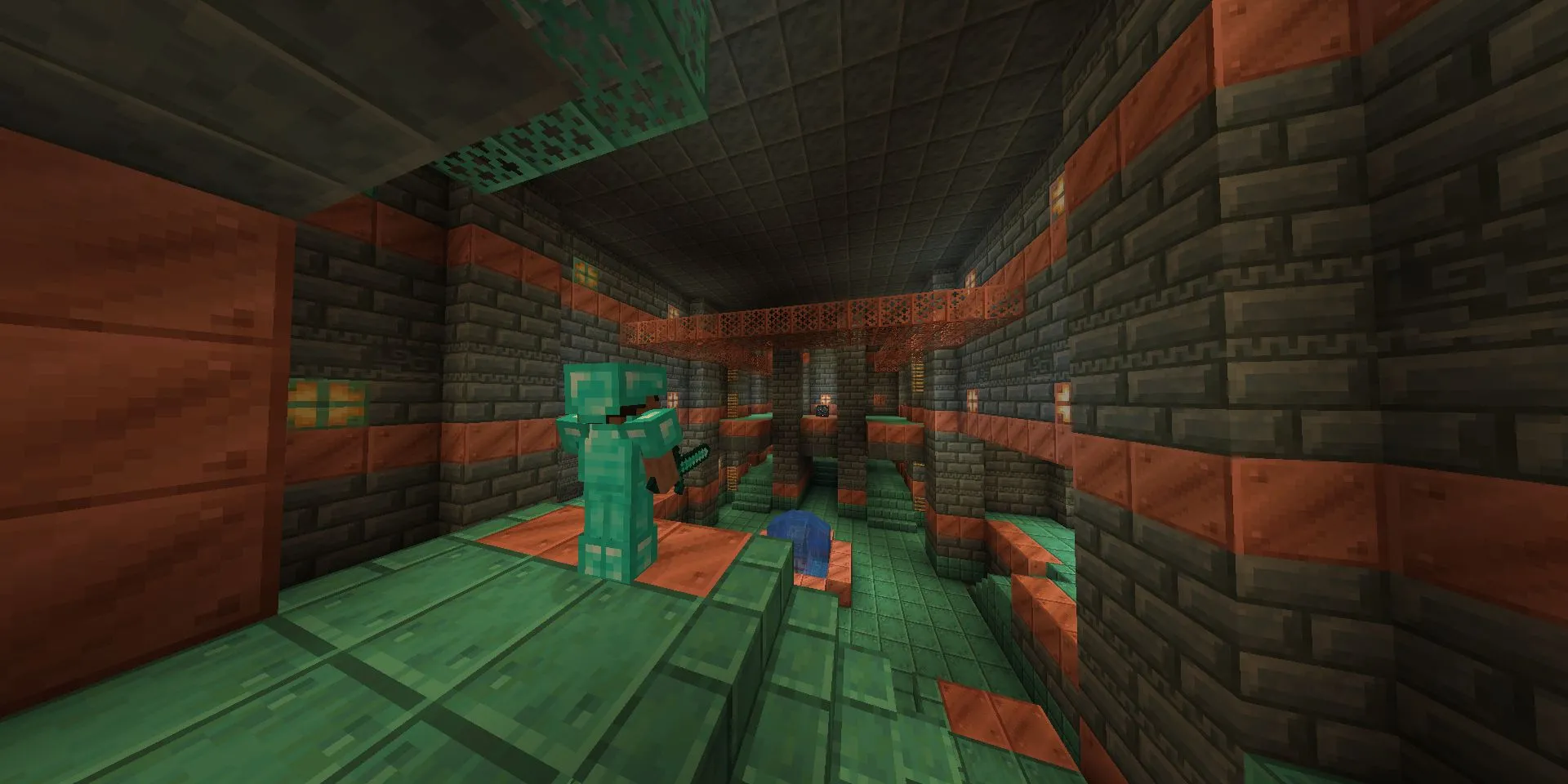 Nhân vật Steve với giáp Kim Cương trong Khu Thử Thách của game Minecraft