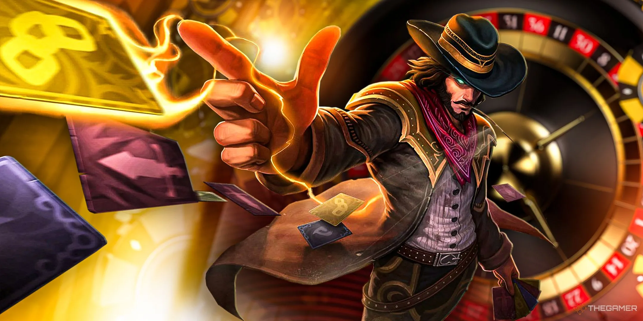 Nhân vật Twisted Fate trong Liên Minh Huyền Thoại với trang phục High Noon, liên quan đến chủ đề cờ bạc trong game.