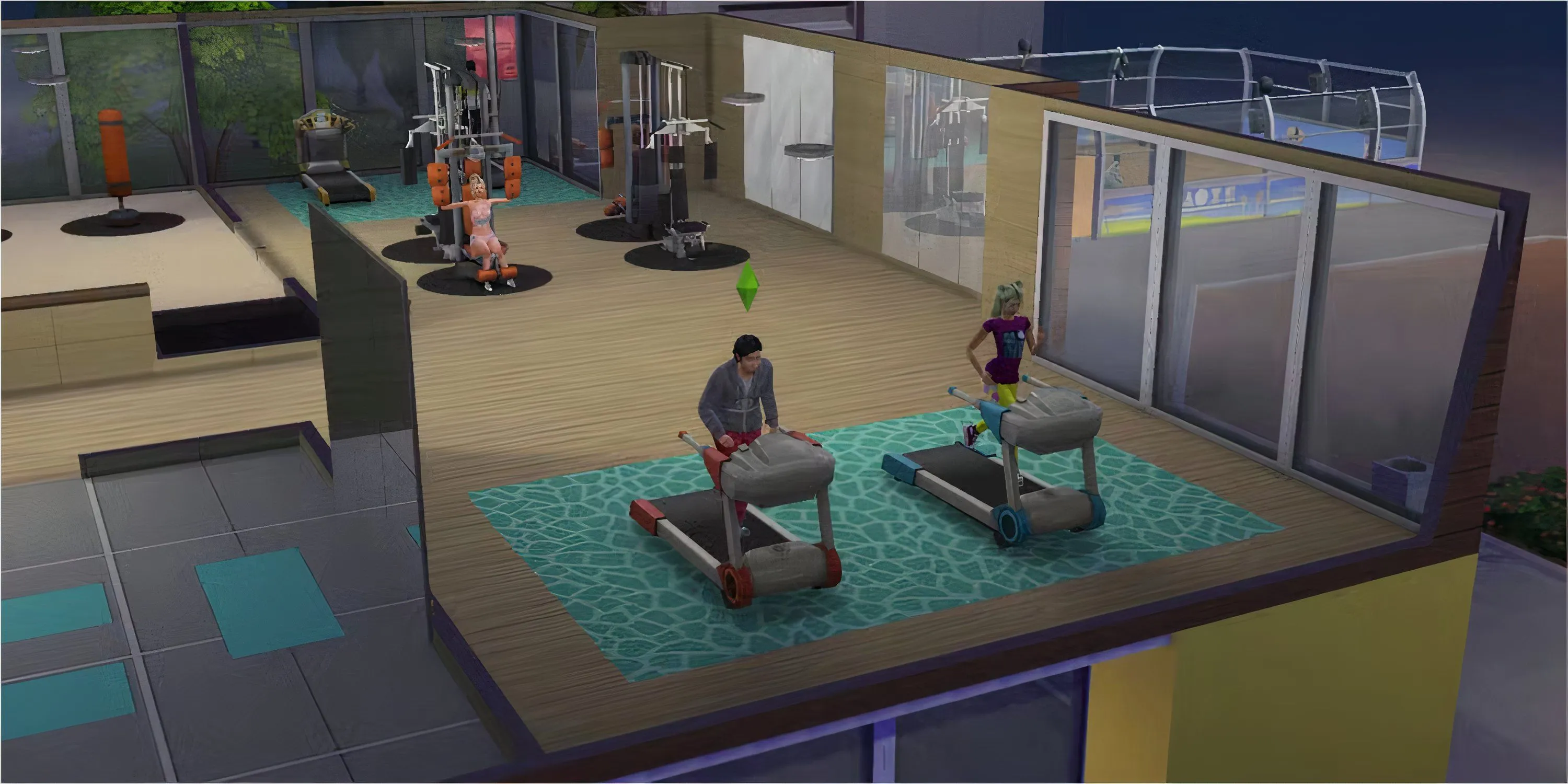 Phòng gym Pectoral Fitness Gym hiện đại tại Del Sol Valley trong The Sims 4, với đầy đủ thiết bị tập luyện và không gian thoáng đãng
