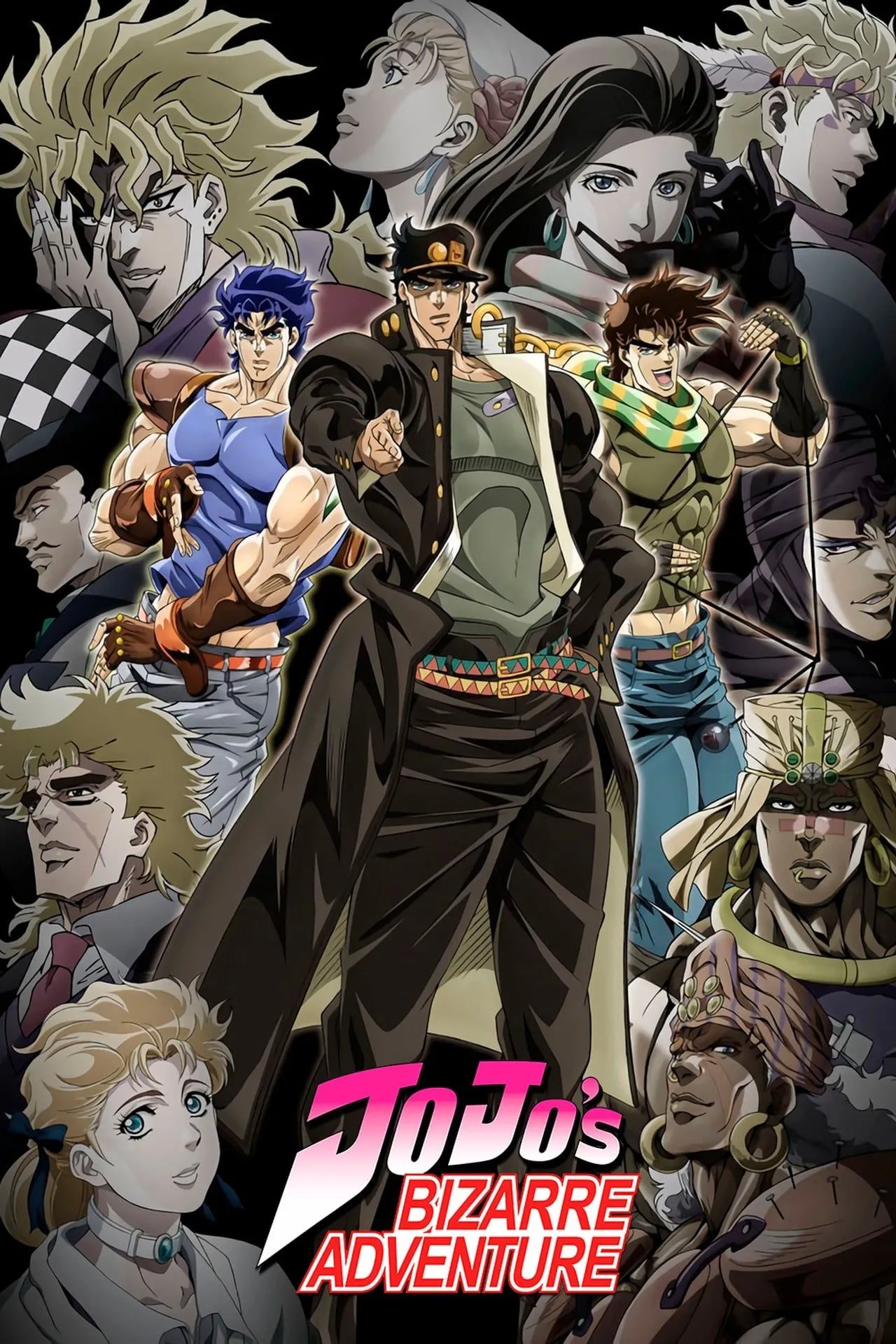 Poster &quot;JoJo's Bizarre Adventure&quot; phiên bản 2012, giới thiệu hai phần đầu Phantom Blood và Battle Tendency.