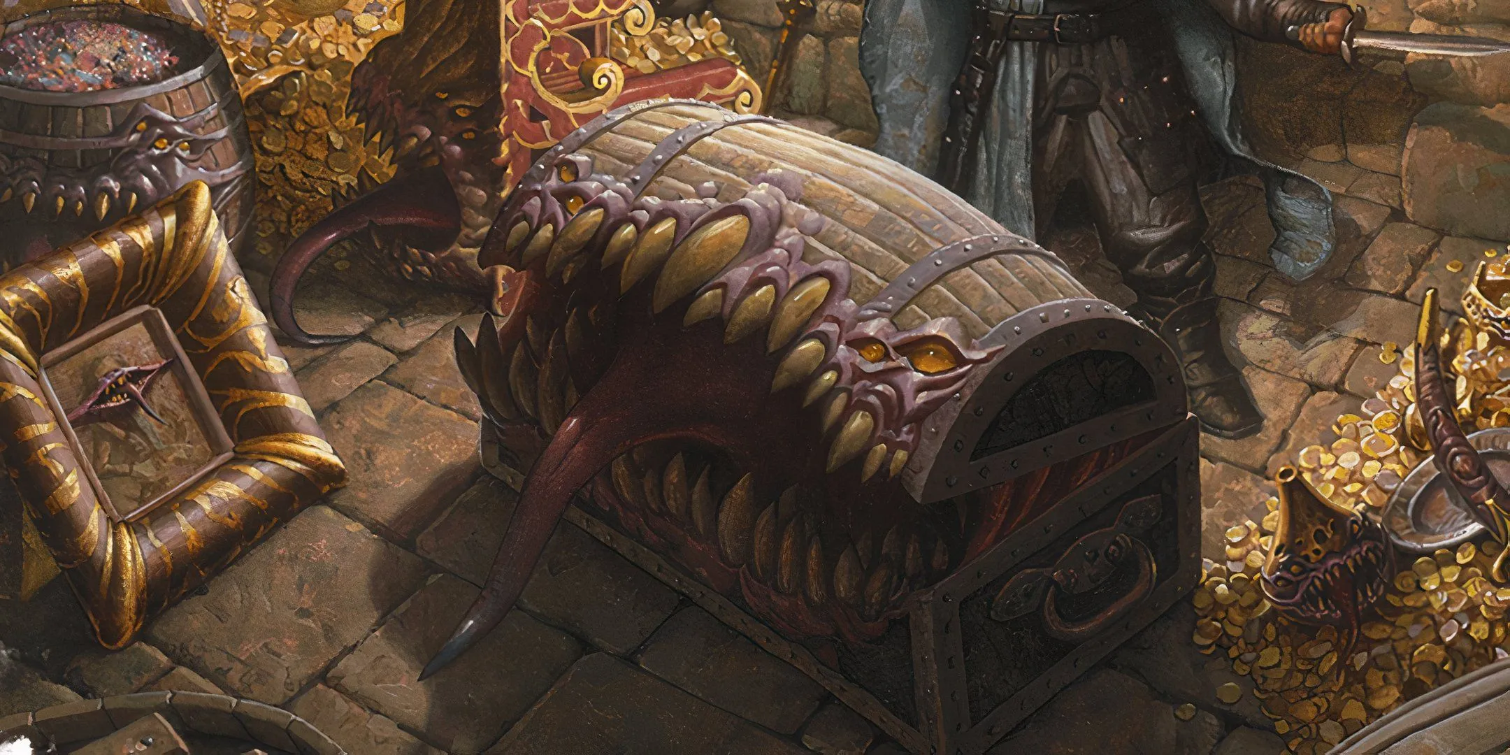 Quái vật Mimic (Kẻ Giả Dạng) với cái miệng há to trong Dungeons &amp; Dragons, thường ẩn mình dưới hình dạng rương kho báu.