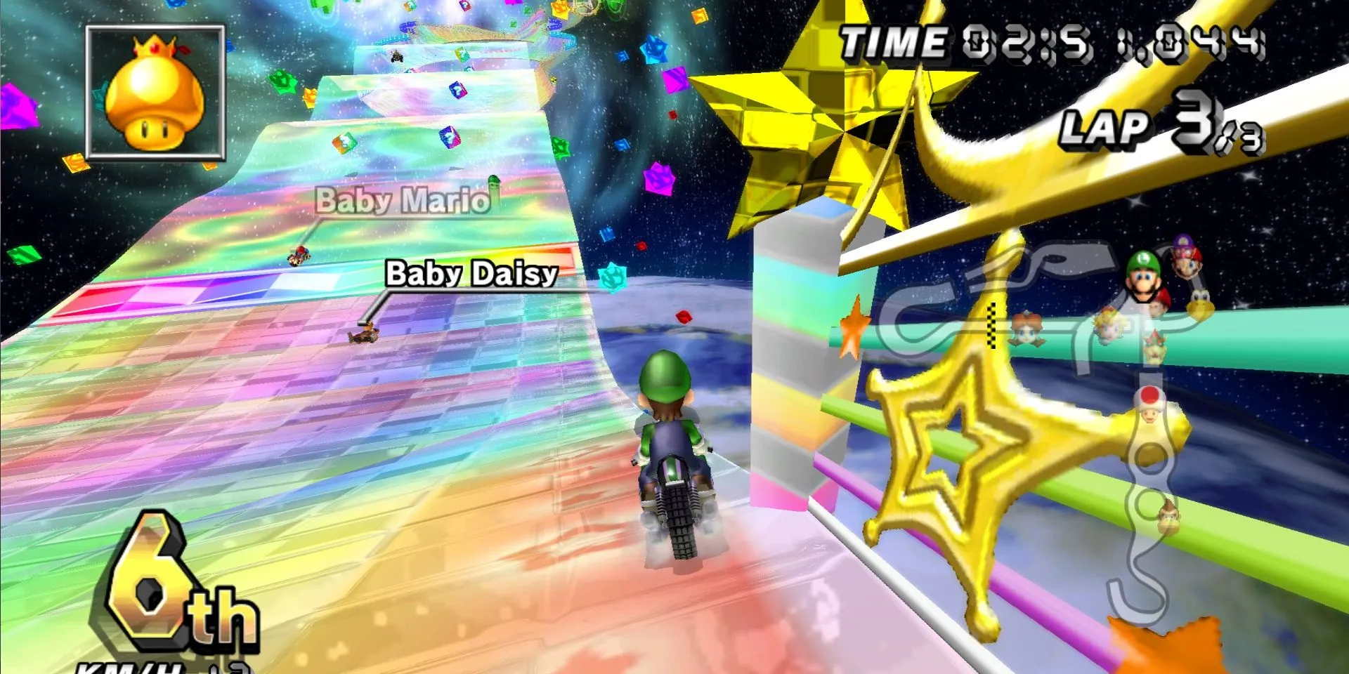 Racing as Luigi on Mario Kart Wii