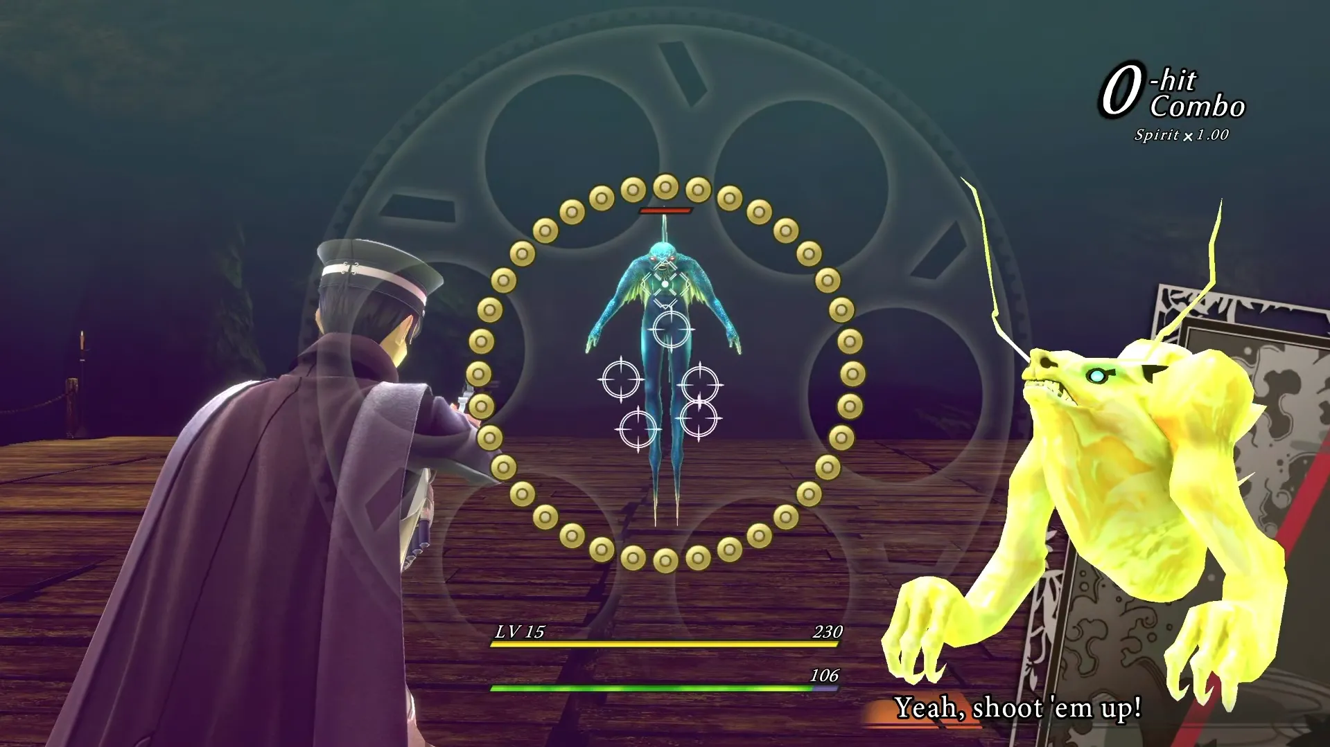 Raidou Kuzunoha sử dụng súng trong trận chiến với quỷ ở RAIDOU Remastered