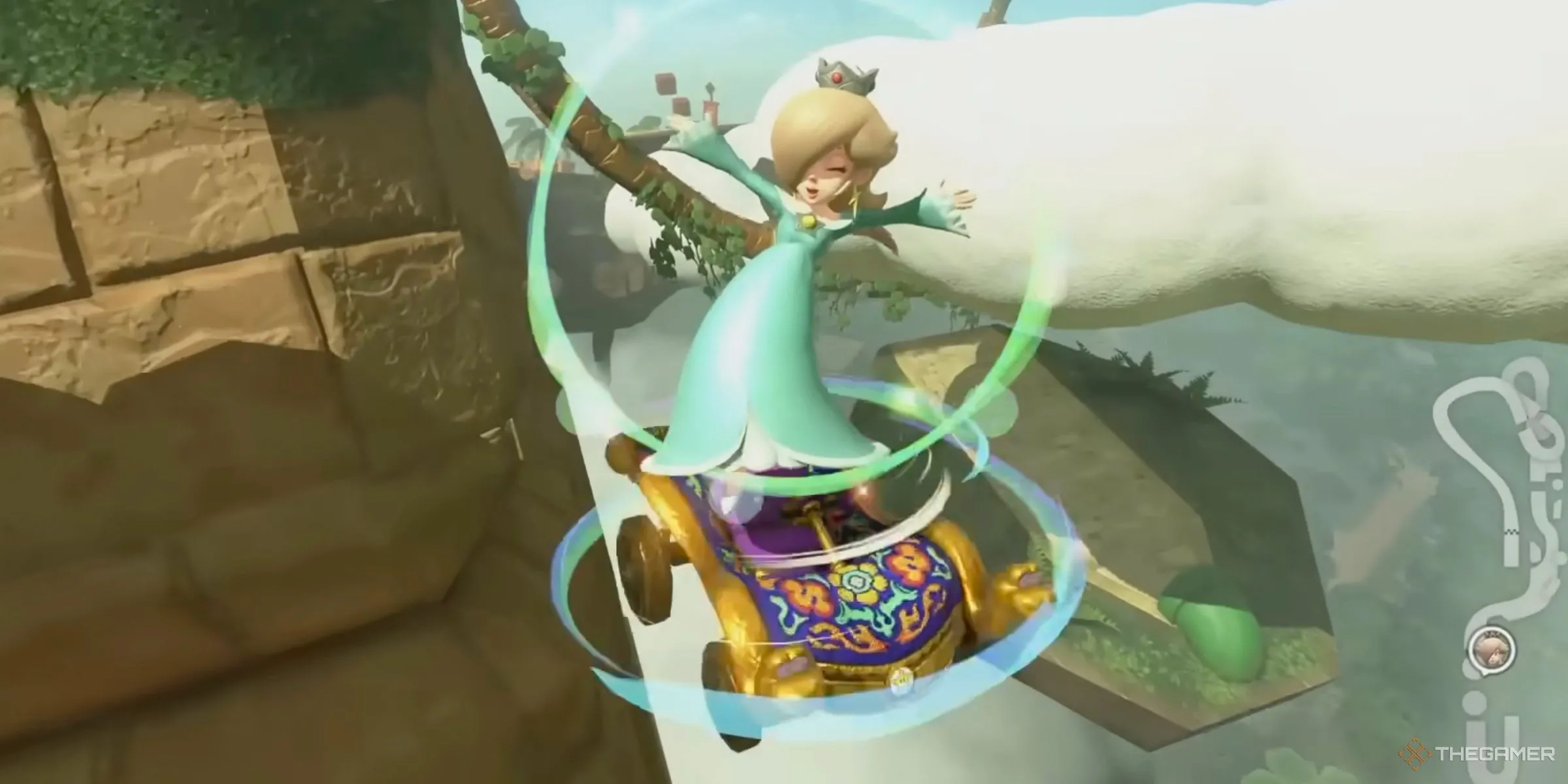 Rosalina thực hiện Nhảy Tăng Tốc (Charge Jump) để đi đường tắt trong Mario Kart World.