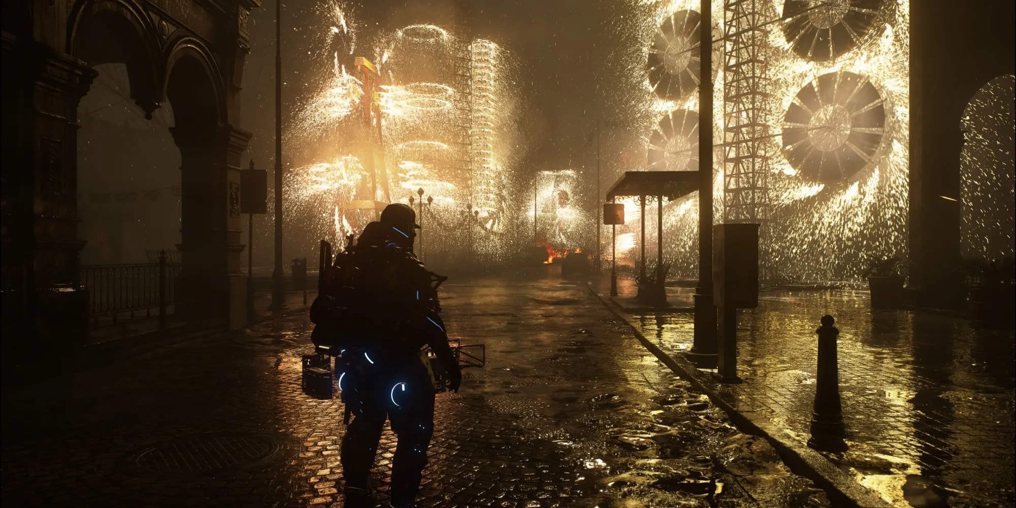 Sam Bridges băng qua một khu vực bị Timefall ảnh hưởng nặng nề trong Death Stranding 2, thể hiện hiệu ứng môi trường ấn tượng.
