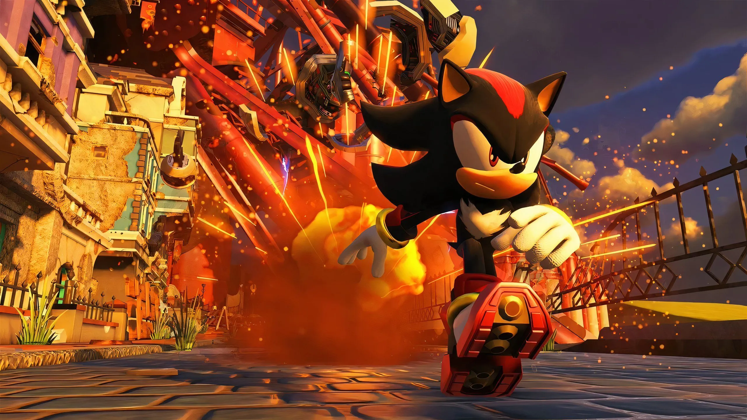 Shadow the Hedgehog cùng G.U.N. Commander Tower, thể hiện tương tác nhân vật trong game.
