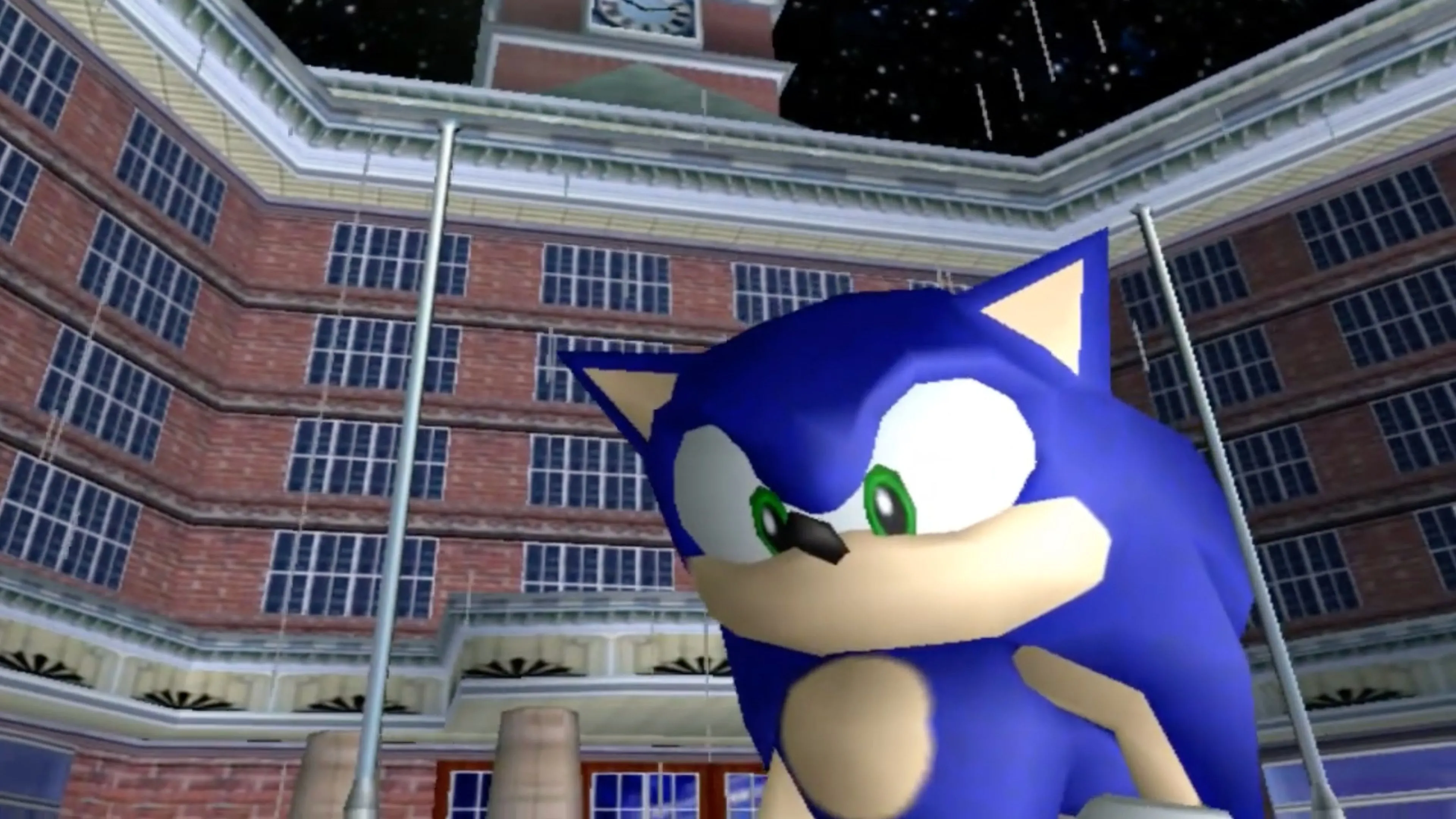 Sonic chạy tốc độ cao trên đường ray vòng trong Sonic Adventure.
