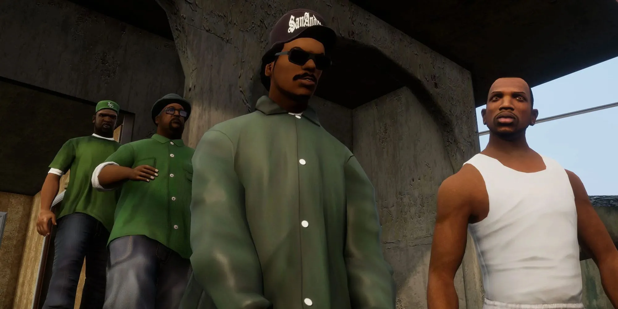 Sweet, Big Smoke, Lance, và CJ trong một cảnh quan quan trọng của GTA San Andreas