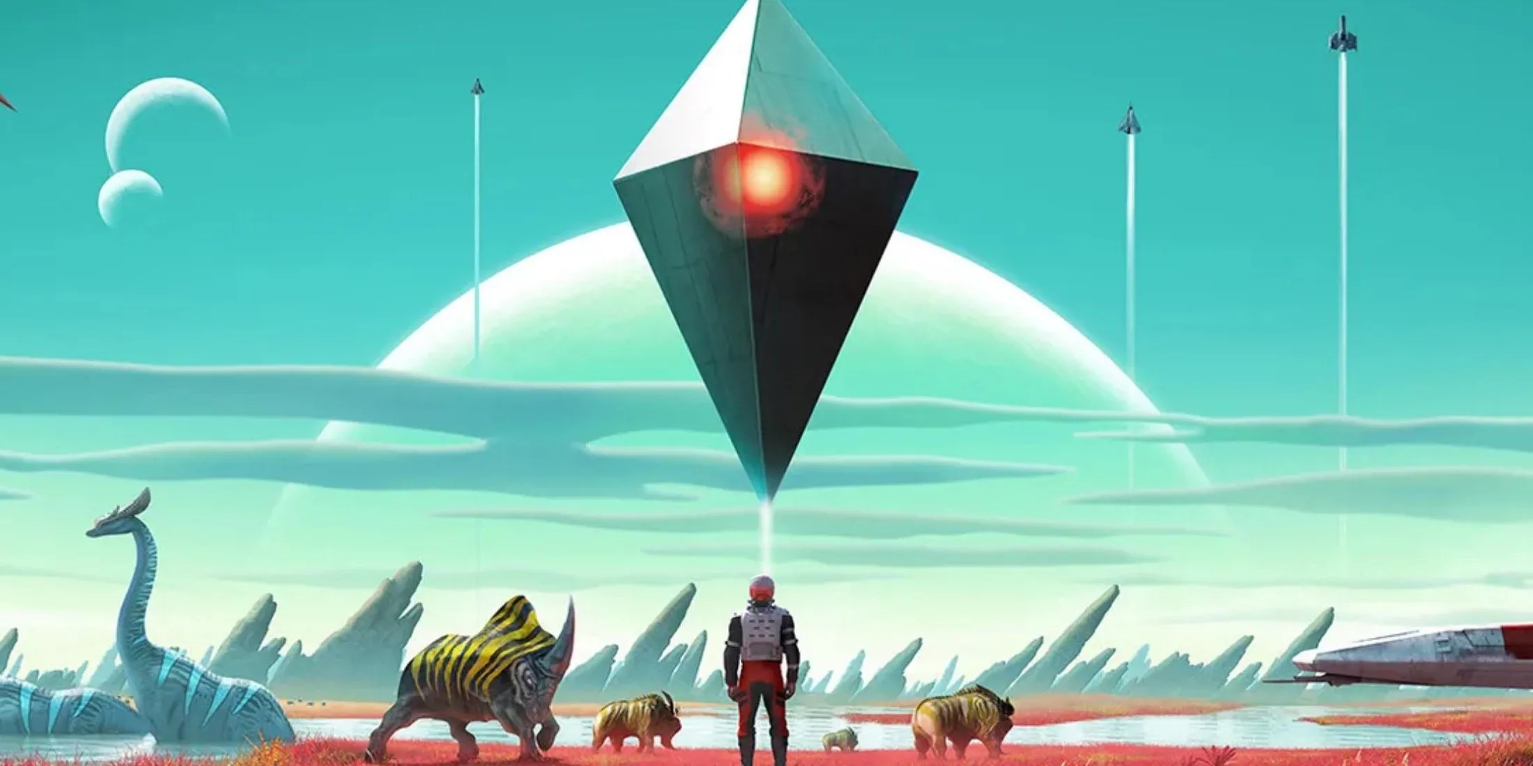 Tàu không gian và sinh vật đa dạng trên hành tinh Effigy IV của No Man's Sky