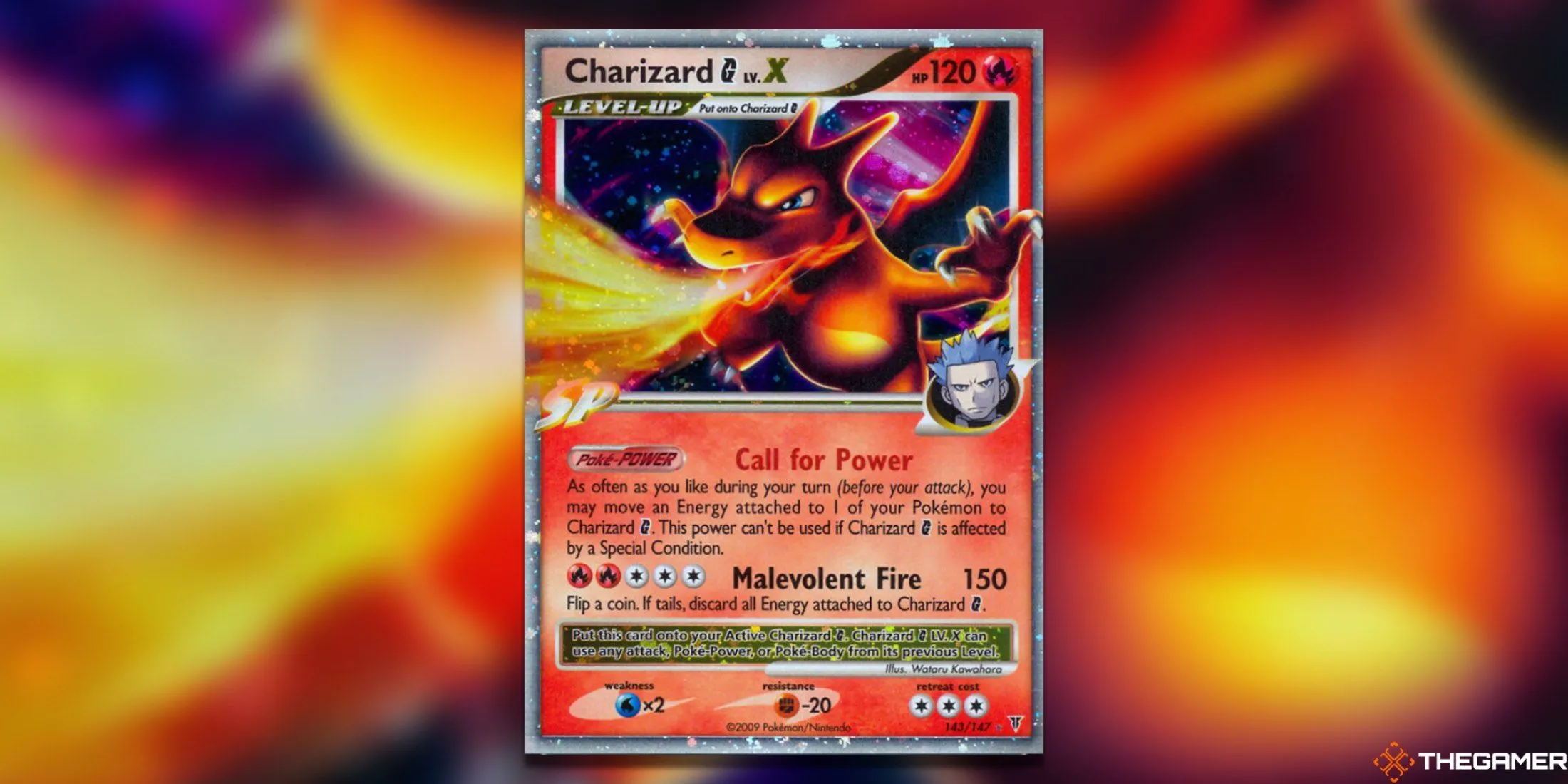Thẻ bài Pokemon TCG Charizard G LV. X Ultra Rare từ bộ Supreme Victors, khắc họa Charizard và thủ lĩnh Cyrus.