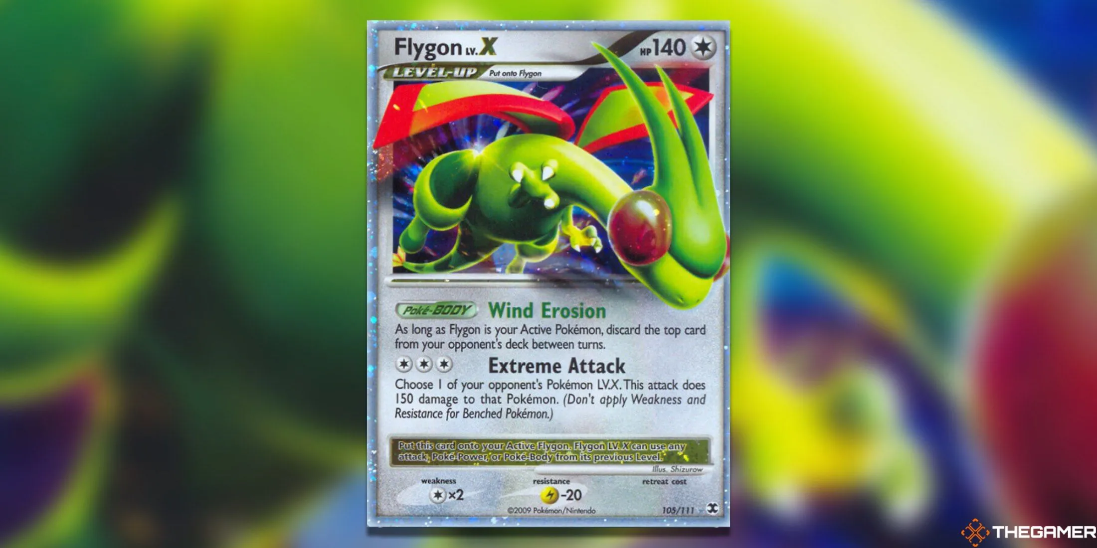 Thẻ bài Pokemon TCG Flygon LV. X Ultra Rare từ bộ Rising Rivals với hình ảnh Flygon đang bay ấn tượng.