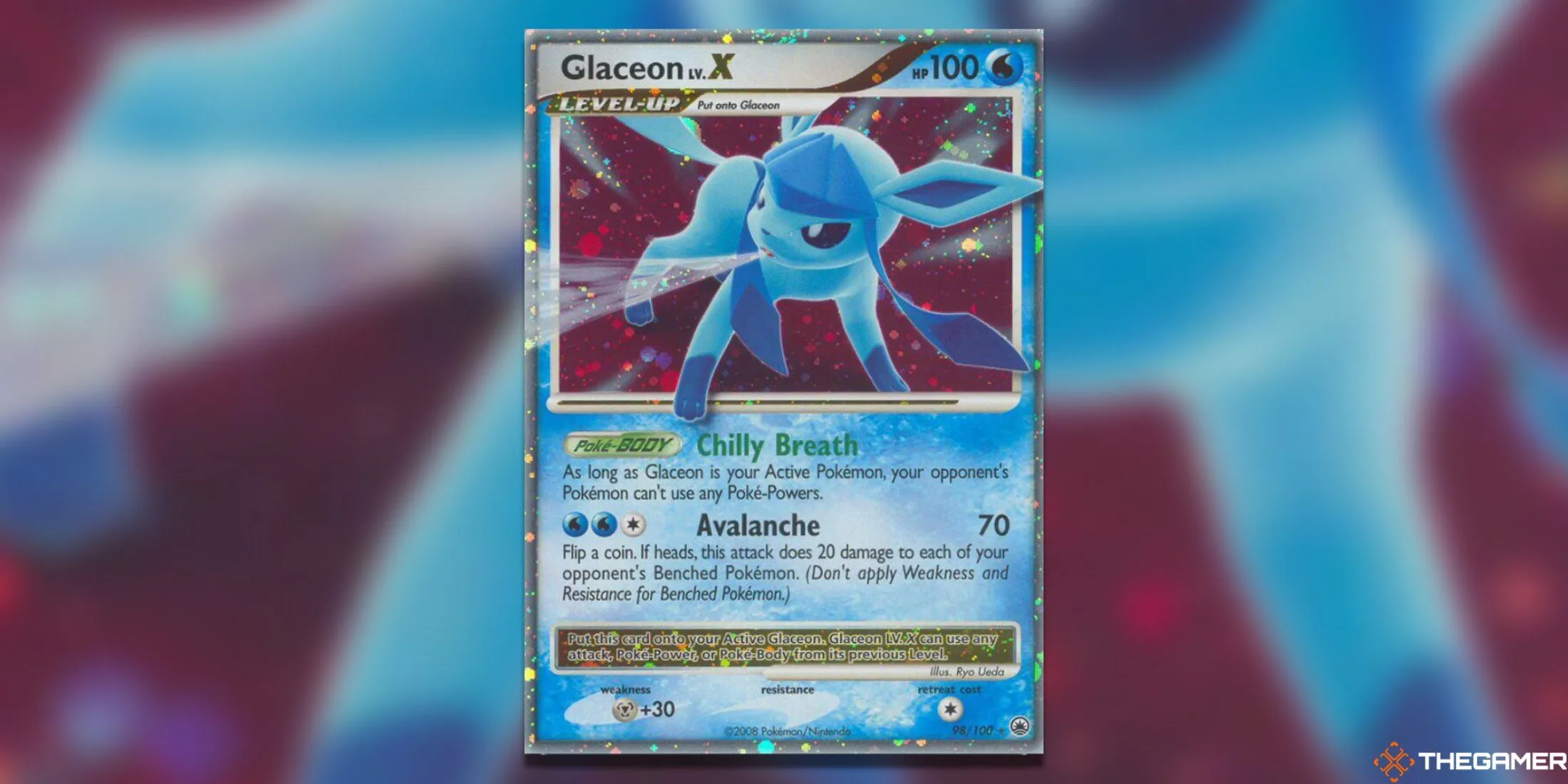 Thẻ bài Pokemon TCG Glaceon LV. X Ultra Rare từ bộ Majestic Dawn, với thiết kế nghệ thuật nền đỏ lạnh ấn tượng.