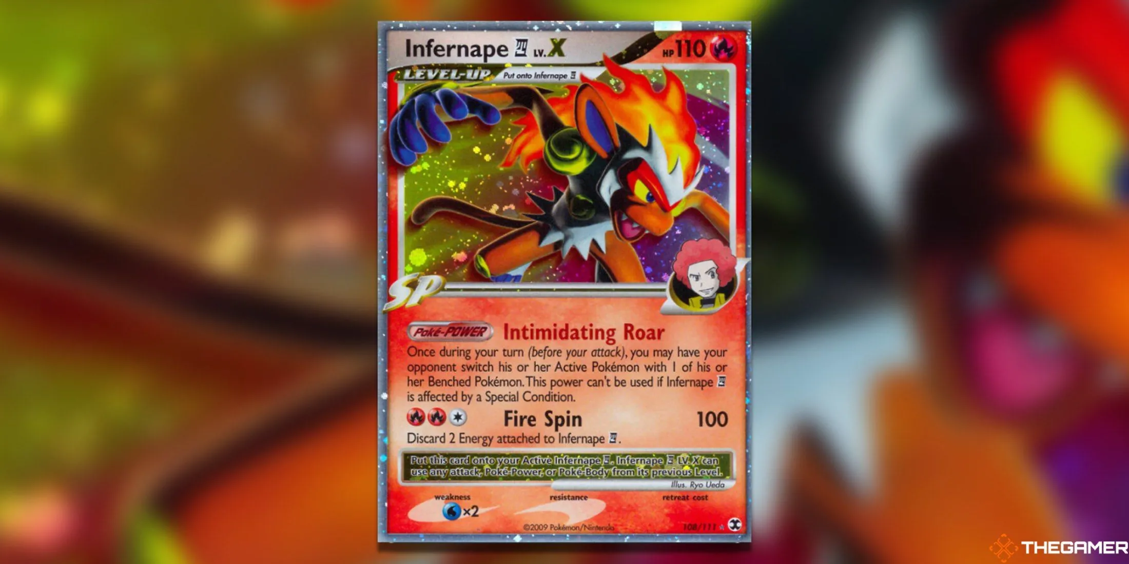 Thẻ bài Pokemon TCG Infernape E4 LV. X Ultra Rare từ bộ Rising Rivals với hiệu ứng lửa bùng cháy.