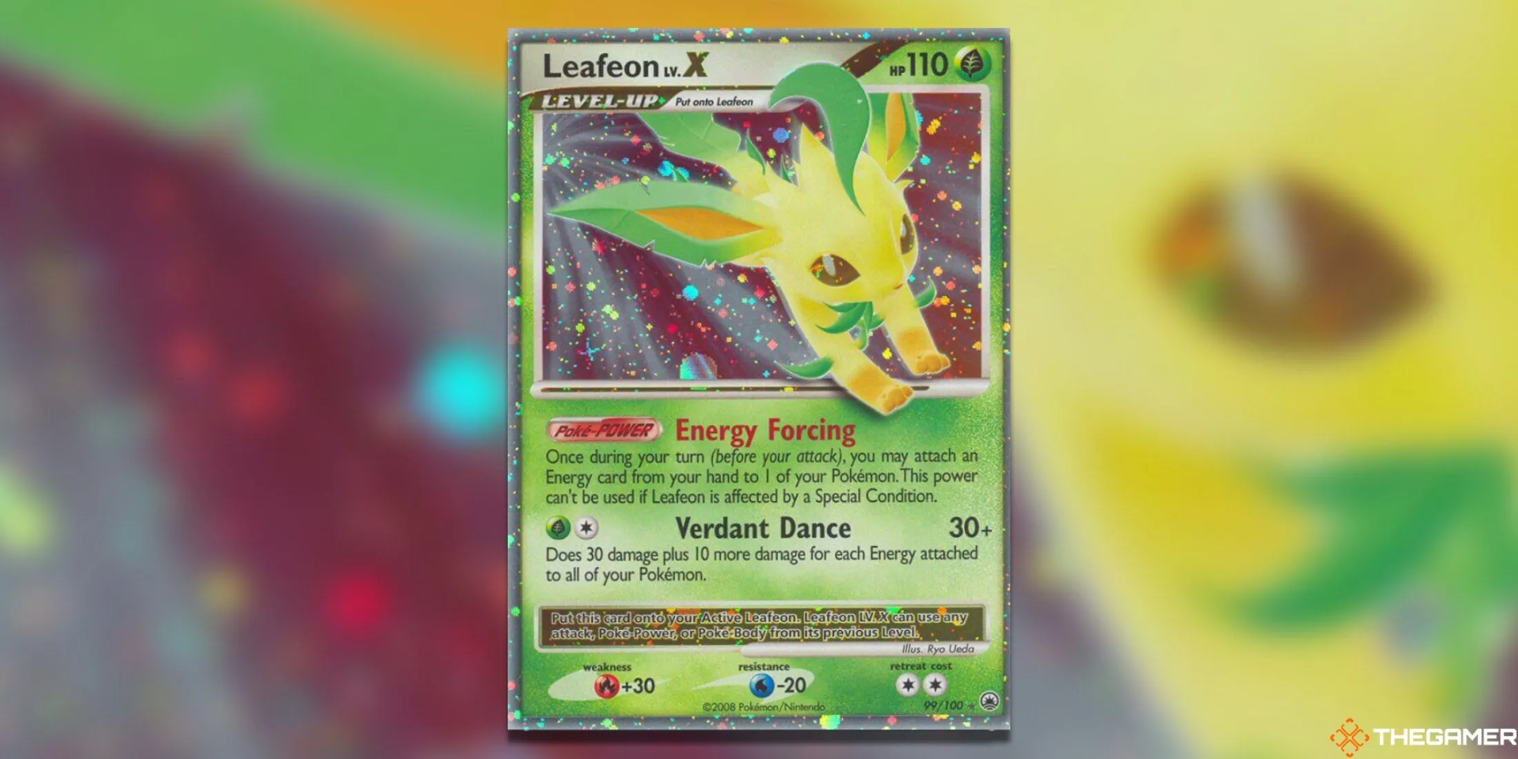 Thẻ bài Pokemon TCG Leafeon LV. X Ultra Rare từ bộ Majestic Dawn, với tông màu xanh lá và bạc hài hòa.