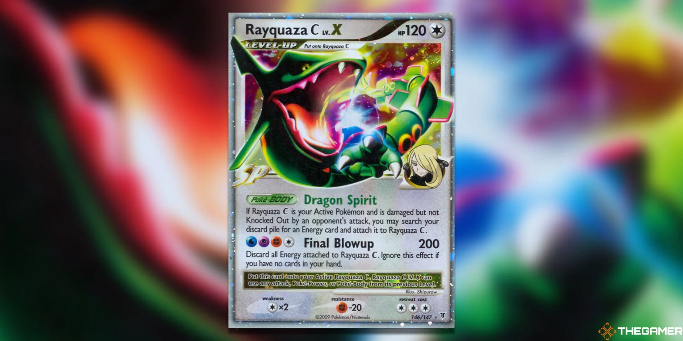 Thẻ bài Pokemon TCG Rayquaza C LV. X Ultra Rare từ bộ Supreme Victors thể hiện sự di chuyển mạnh mẽ của Rayquaza.