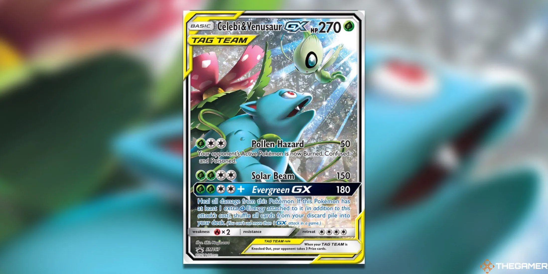 Thẻ bài Pokemon TCG Tag Team GX Celebi và Venusaur với thiết kế đầy màu sắc.