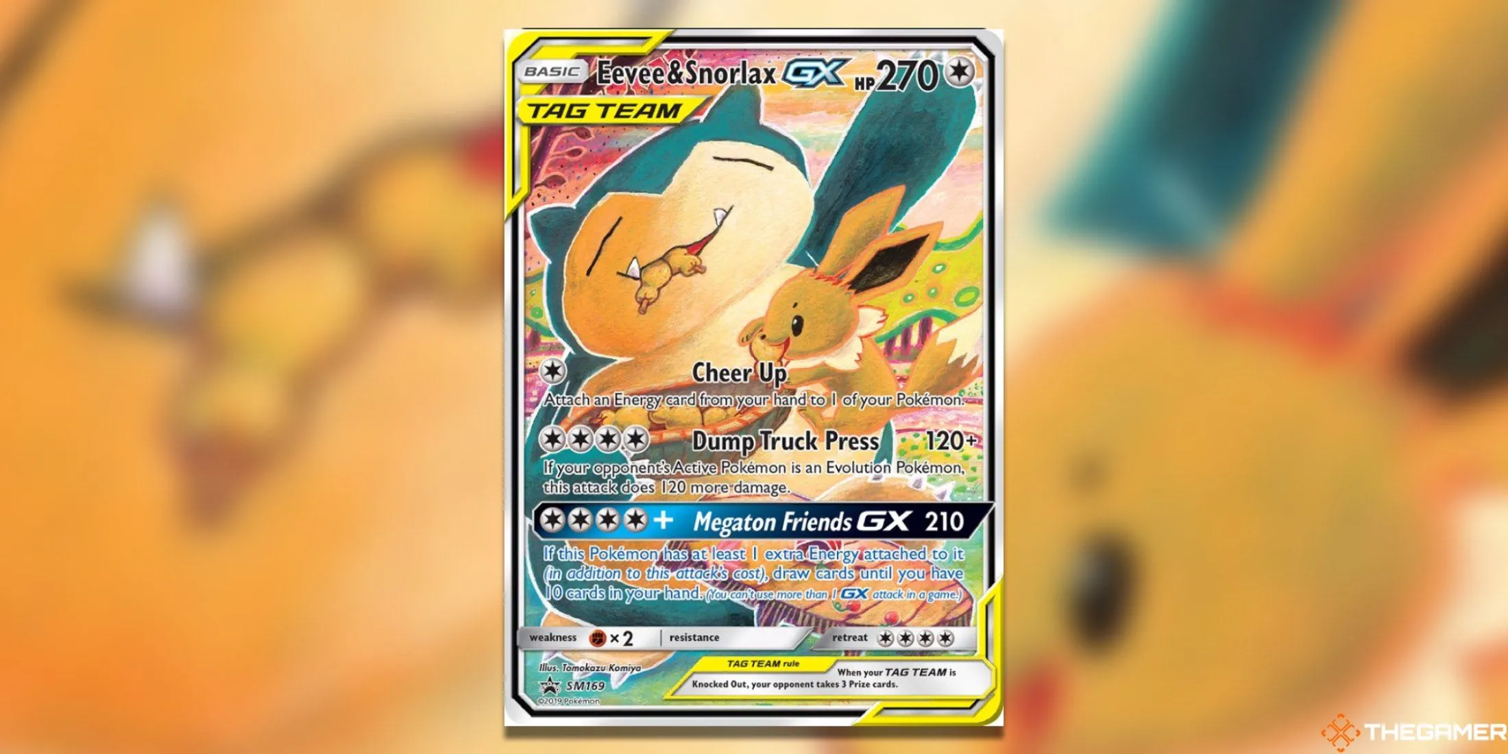 Thẻ bài Pokemon TCG Tag Team GX Eevee và Snorlax SM Promo với hình ảnh dễ thương.