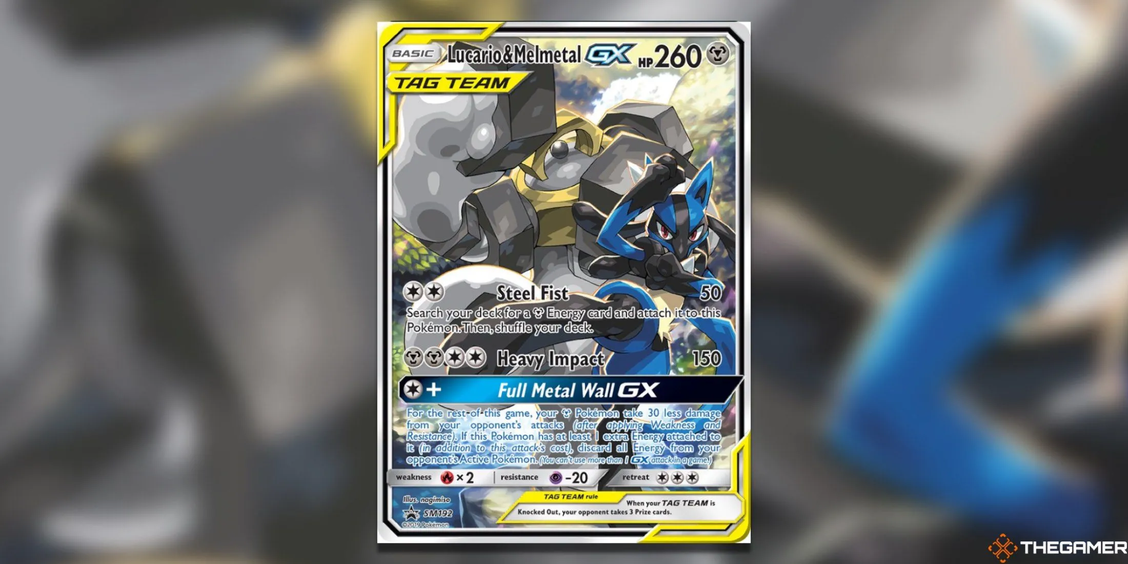 Thẻ bài Pokemon TCG Tag Team GX Lucario và Melmetal hệ thép mạnh mẽ.