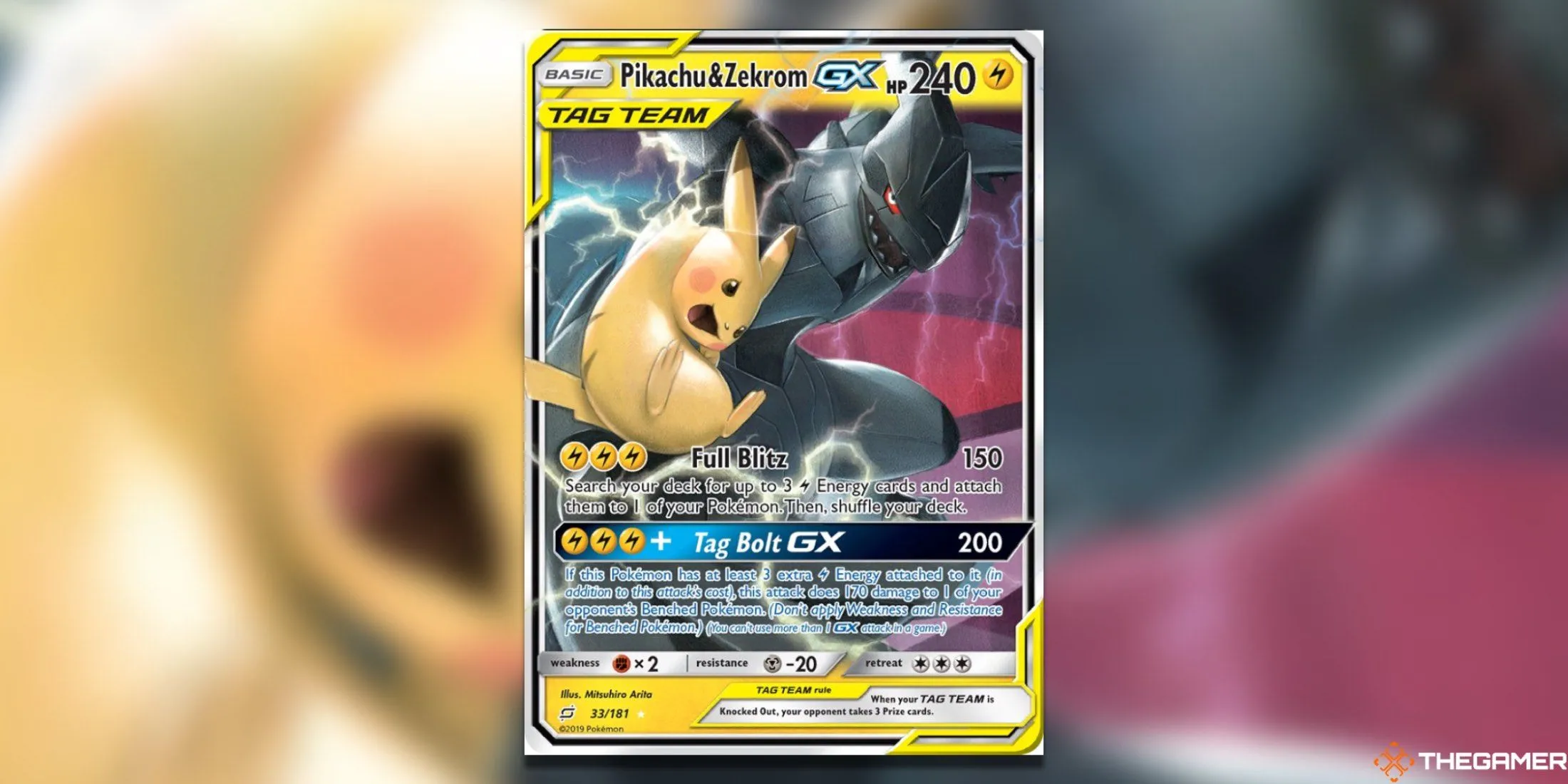 Thẻ bài Pokemon TCG Tag Team GX Pikachu và Zekrom từ set Team Up với hiệu ứng điện giật.
