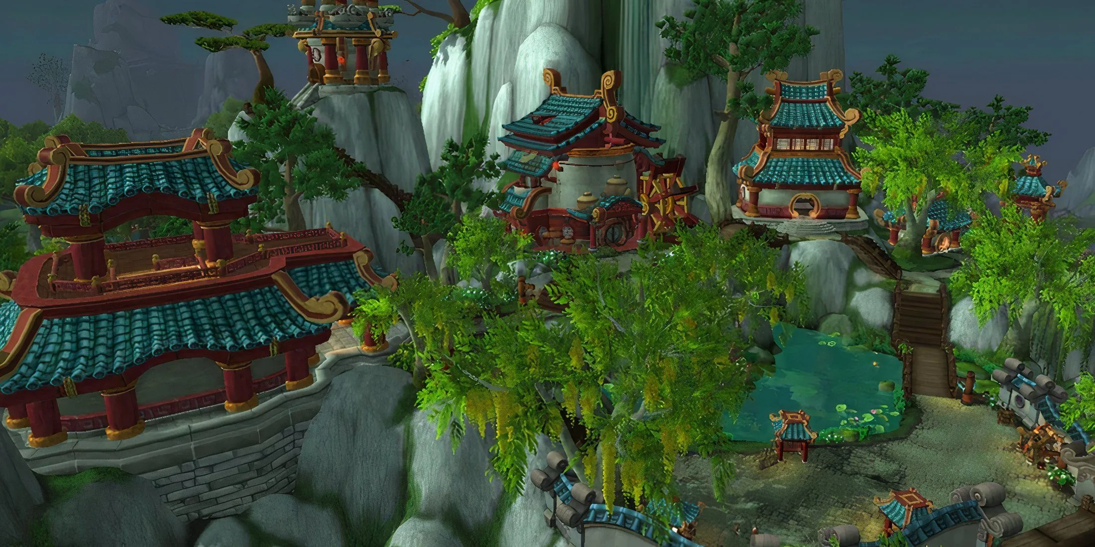 Toàn cảnh Dawn's Blossom, trung tâm giao thương sầm uất tại Rừng Ngọc Bích trong World of Warcraft: Mists of Pandaria.