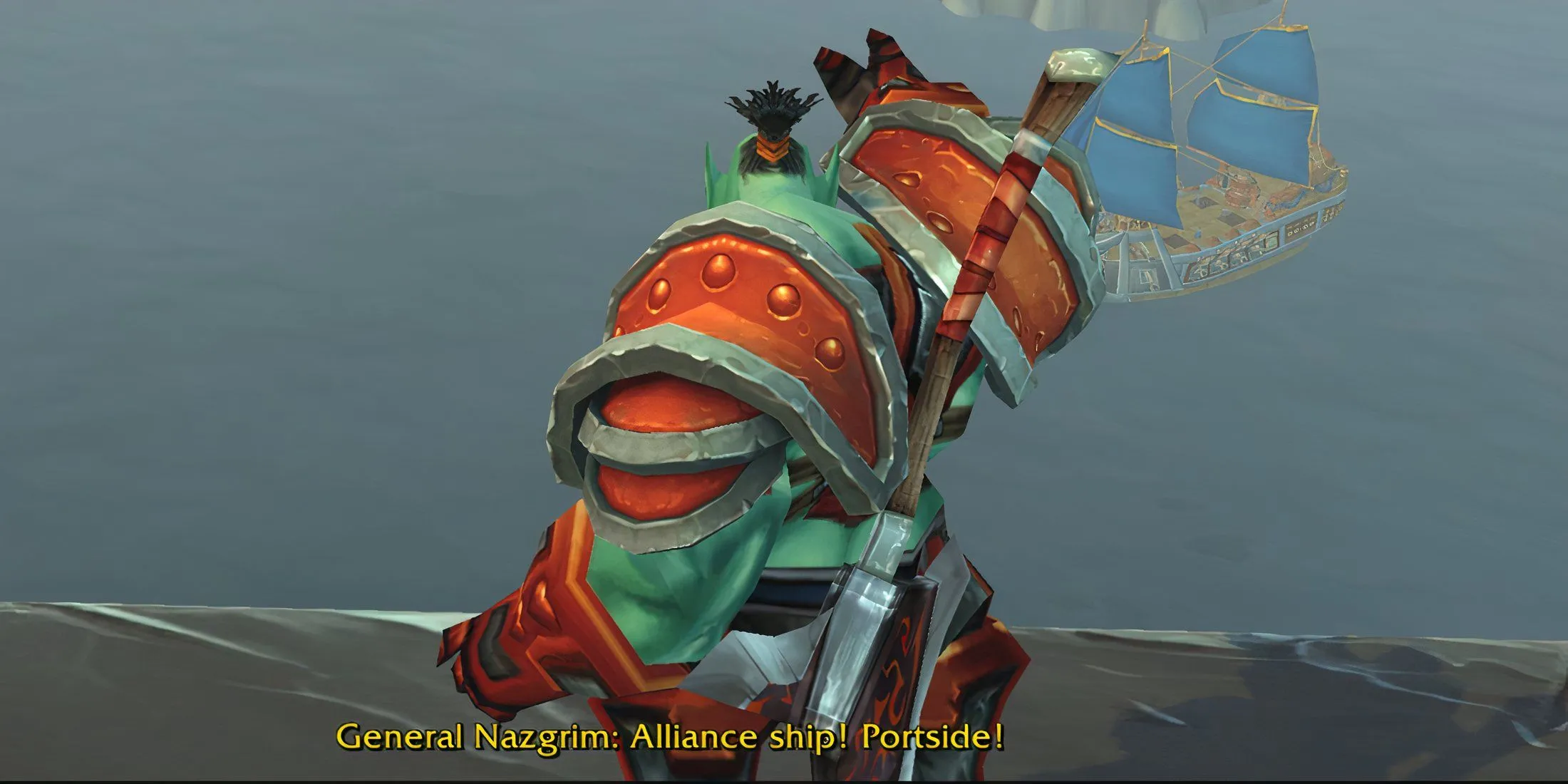 Tướng Nazgrim chỉ huy quân Horde trên tàu Hellscream's Fist hướng về Pandaria trong WoW MoP