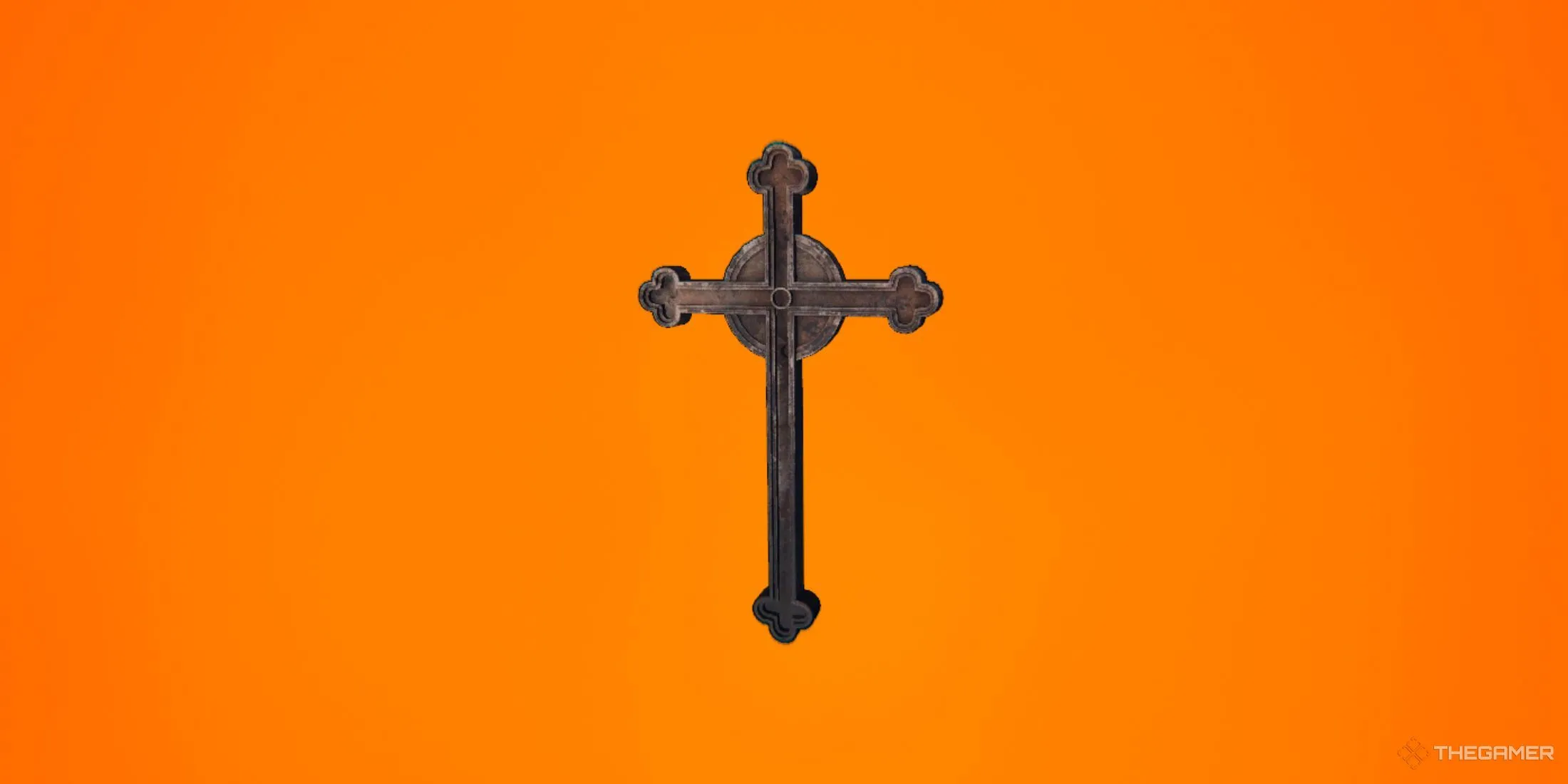 Vật phẩm Thánh Giá (Crucifix) trong Phasmophobia, một công cụ quan trọng để ngăn chặn cuộc săn của ma, đặt trên nền chuyển sắc cam.