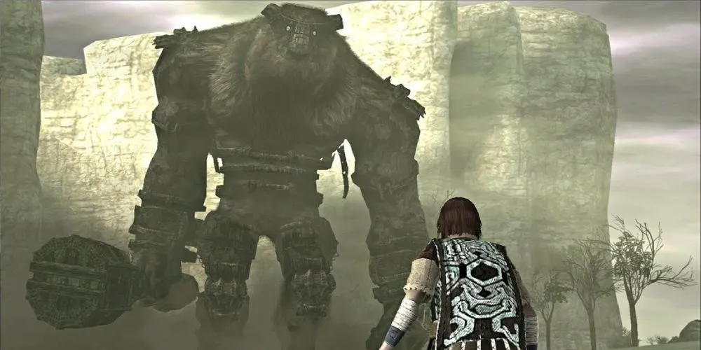 Wander chuẩn bị đối đầu với Colossus đầu tiên, Valus, trong Shadow of the Colossus