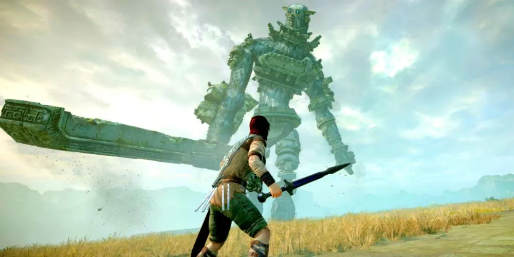 Wander đối mặt với một Colossus khổng lồ, nhấn mạnh quy mô trận chiến