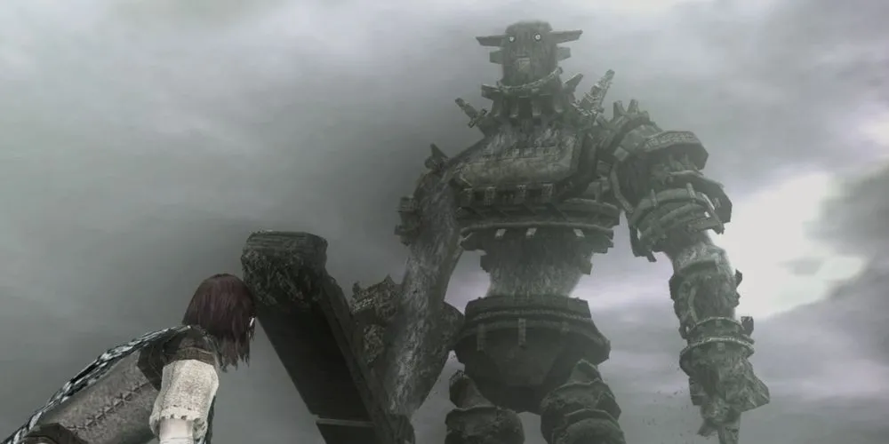 Wander leo lên lưng Colossus thứ Ba trong phiên bản PS2 của Shadow of the Colossus
