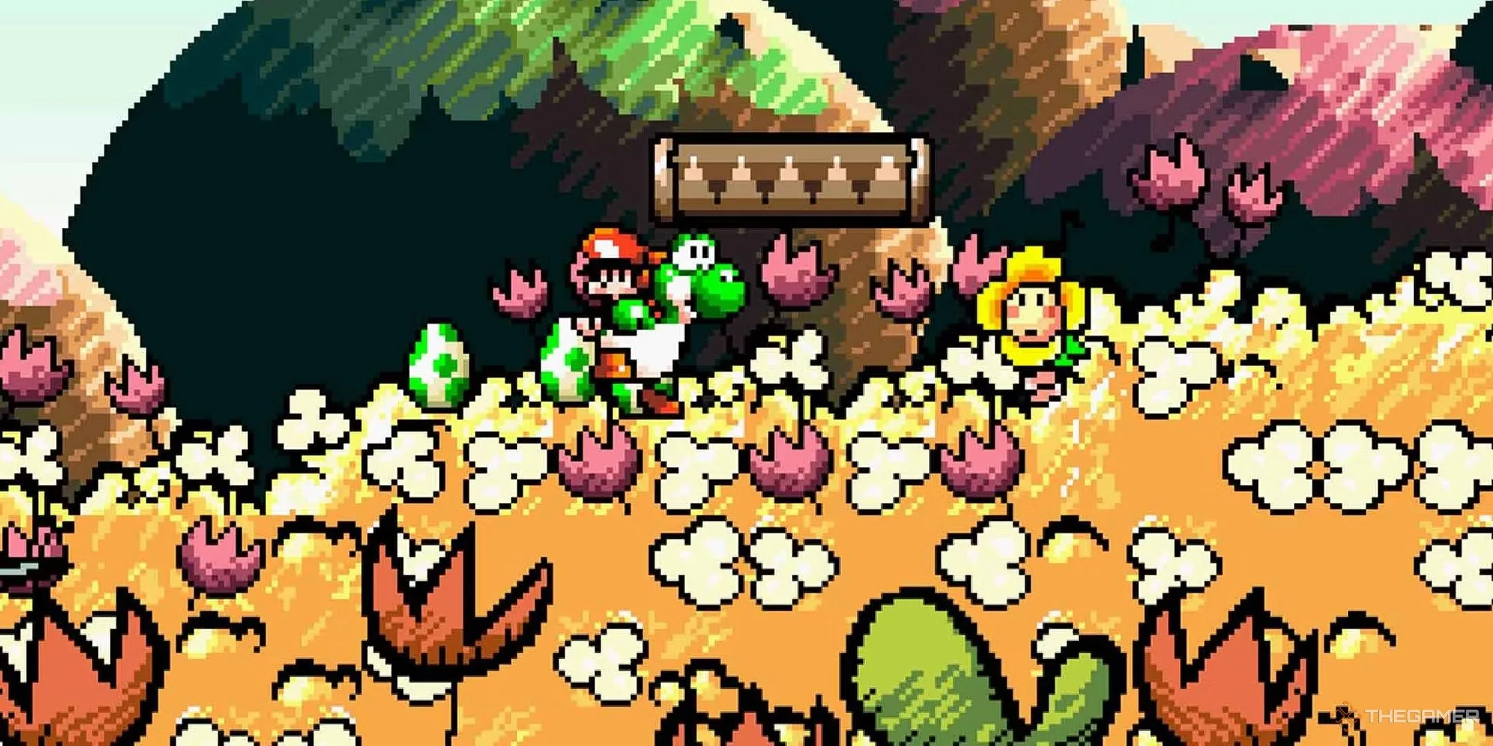 Yoshi cõng Baby Mario băng qua cánh đồng vàng trong Super Mario World 2: Yoshi's Island, hình ảnh đồ họa như sách tô màu.